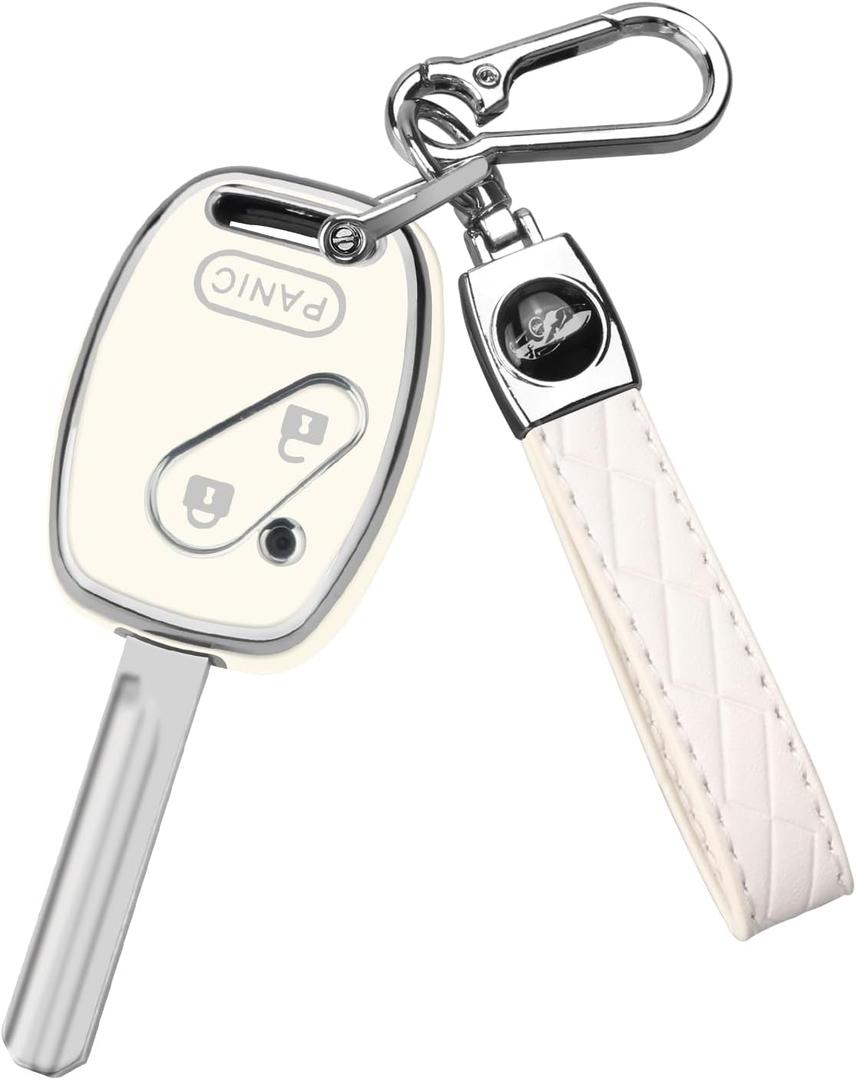QBUC for Honda Key Fob Cover with Leather Keychain,Soft TPU Car Key Case Protector Compatible with Honda Accord 2003-2012 Civic EX 2006-2013 Pilot 2009-2015 CR-V 2005-2006,3 Buttons Smart Key(White)