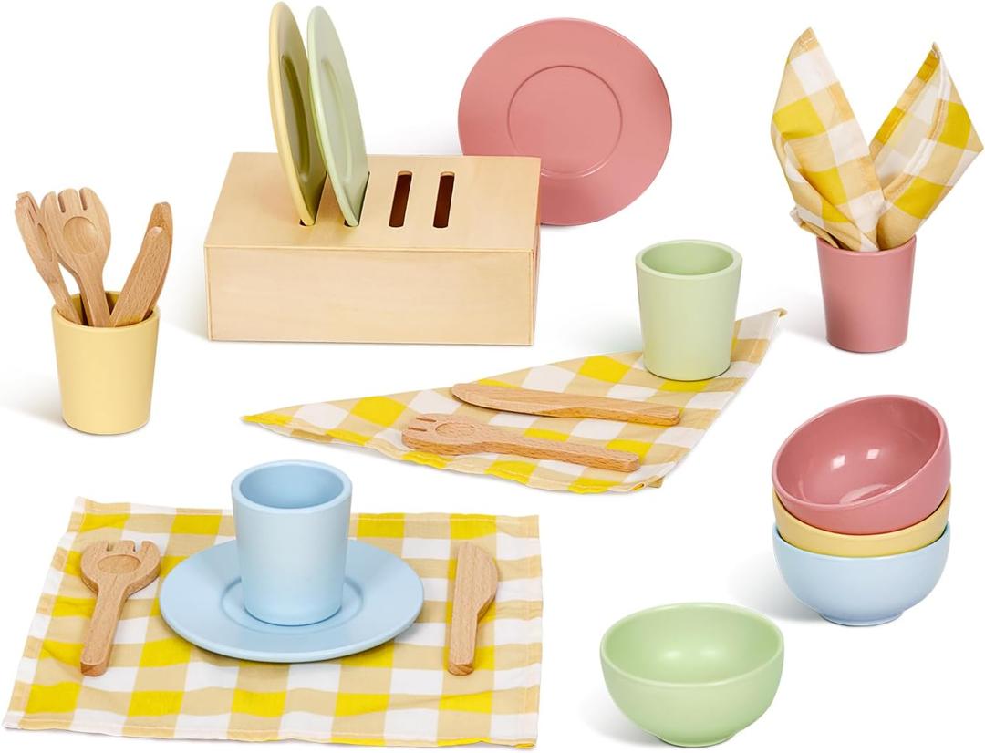 OOOK Wooden Play Dishes and Plates for Kids Kitchen Set, 25 PCS Wooden Play Kitchen Accessories, Pretend Montessori Kids Pots and Pans Playset for 3+ Toddlers