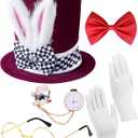 QLINLEAF White Rabbit Costume Bunny Ear Top Hat Rabbits Ears Topper Plush Hat Mad Hatter Set for Easter Halloween Cosplay (Burgundy)