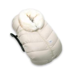 7AM Infant Car Seat Cover - Winter Puffy Cover with Center Zipper for Baby Boys & Girls, Lightweight, Windproof & Water-Repllent Outer Shell, Universal Fit for Infant Car Seat | (0-12M) (White Fur & Beige Heather)
