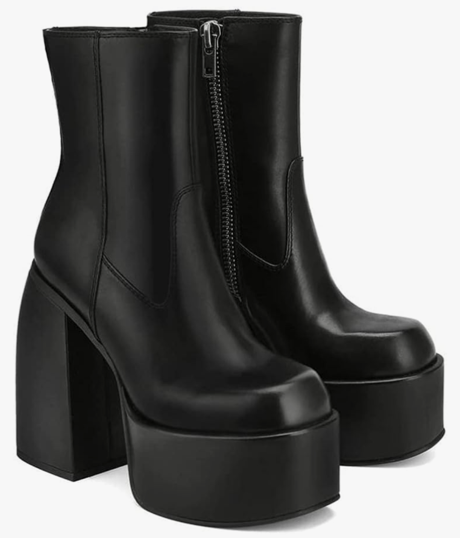 VOMIRA Ankle Boots for Women Chunky High Heel Square Toe Side Zipper Pu Leather Stretch Boots Platform GoGo boots Size 6