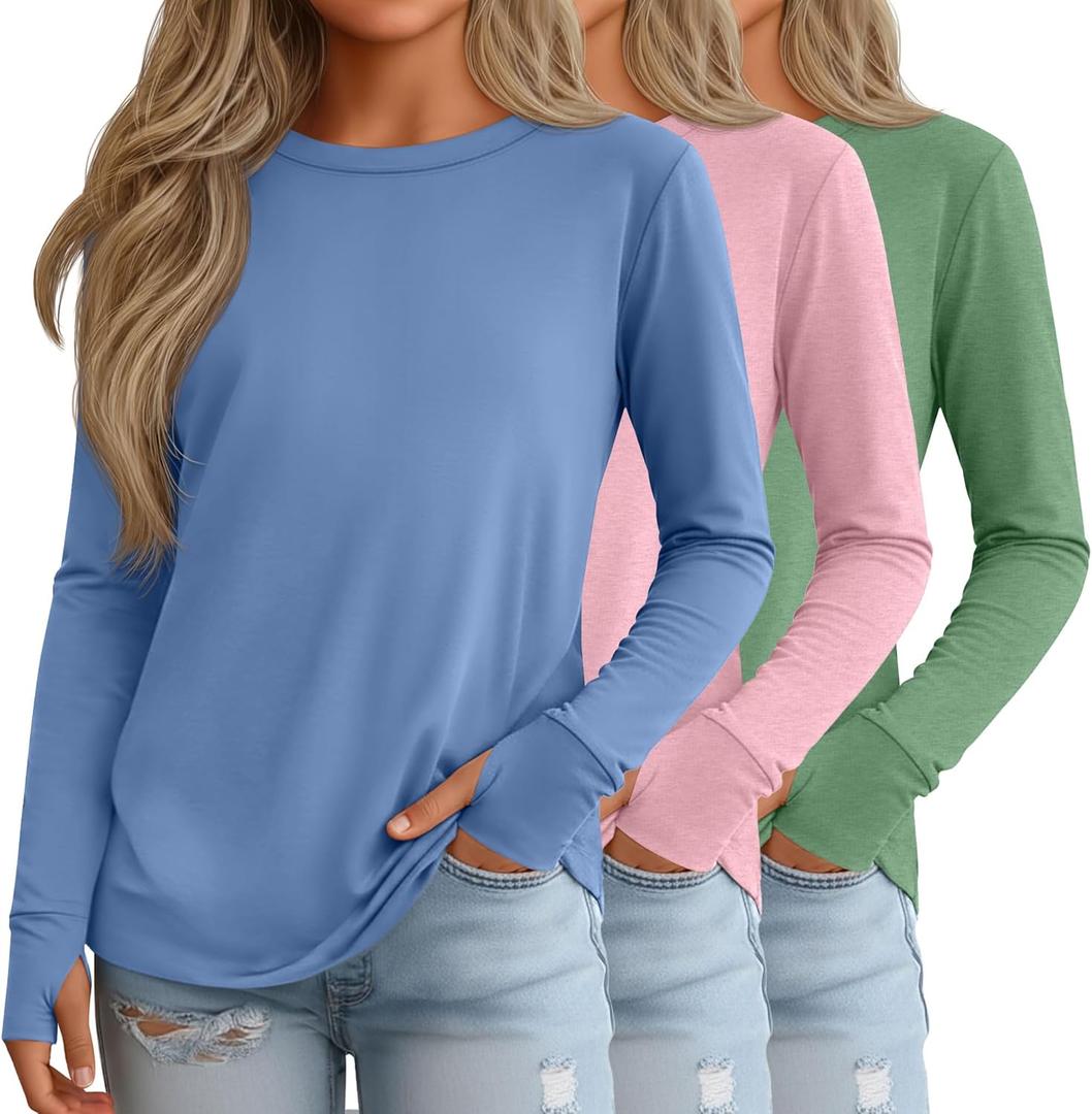 3 Pack Girls' Long Sleeve Shirts with Thumb Holes Cotton Crew Neck Layering Tees Casual Basic Soft Tops (5-6 Years, Green, Pink, Sky Blue)