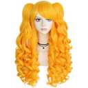 ANOGOL Hair Cap+ Orange Yellow Pigtail Wig Long Curly With 2 Ponytails Lolita Cosplay Wig With Bangs for Women Anime Costume Halloween Party