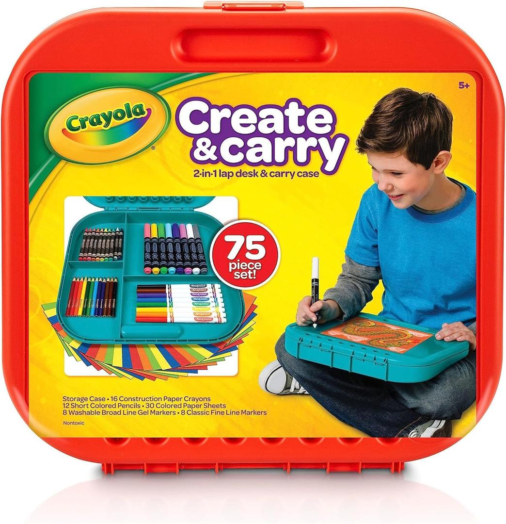 Crayola Create 'N Carry Travel Art Set for Kids (75pcs), 2-in-1 Lap Desk & Carrying Case, Essential Easter Basket Stuffers, Art Supplies Kit, Spring Crafting, Gift for Kids