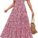 ZESICA Women's 2026 Summer Spring Floral Boho Maxi Dresses Casual Short Sleeve V Neck A Line Flowy Beach Vacation Dress (Pink)