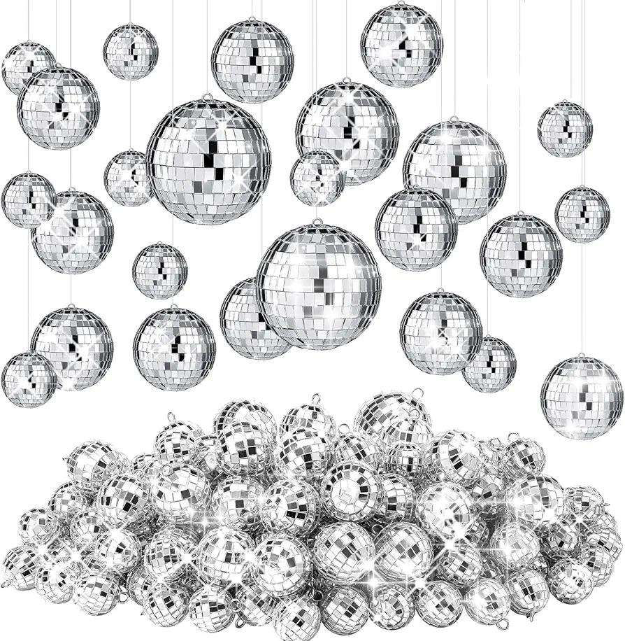 Funtery 100 Pcs Mirror Disco Balls Bulk Assorted Silver Hanging Disco Ball Decor for Home Wedding Birthday Dance Music 70 S Theme Party Christmas Tree Ornaments(1.2'', 2'', 3.2'', 4'')