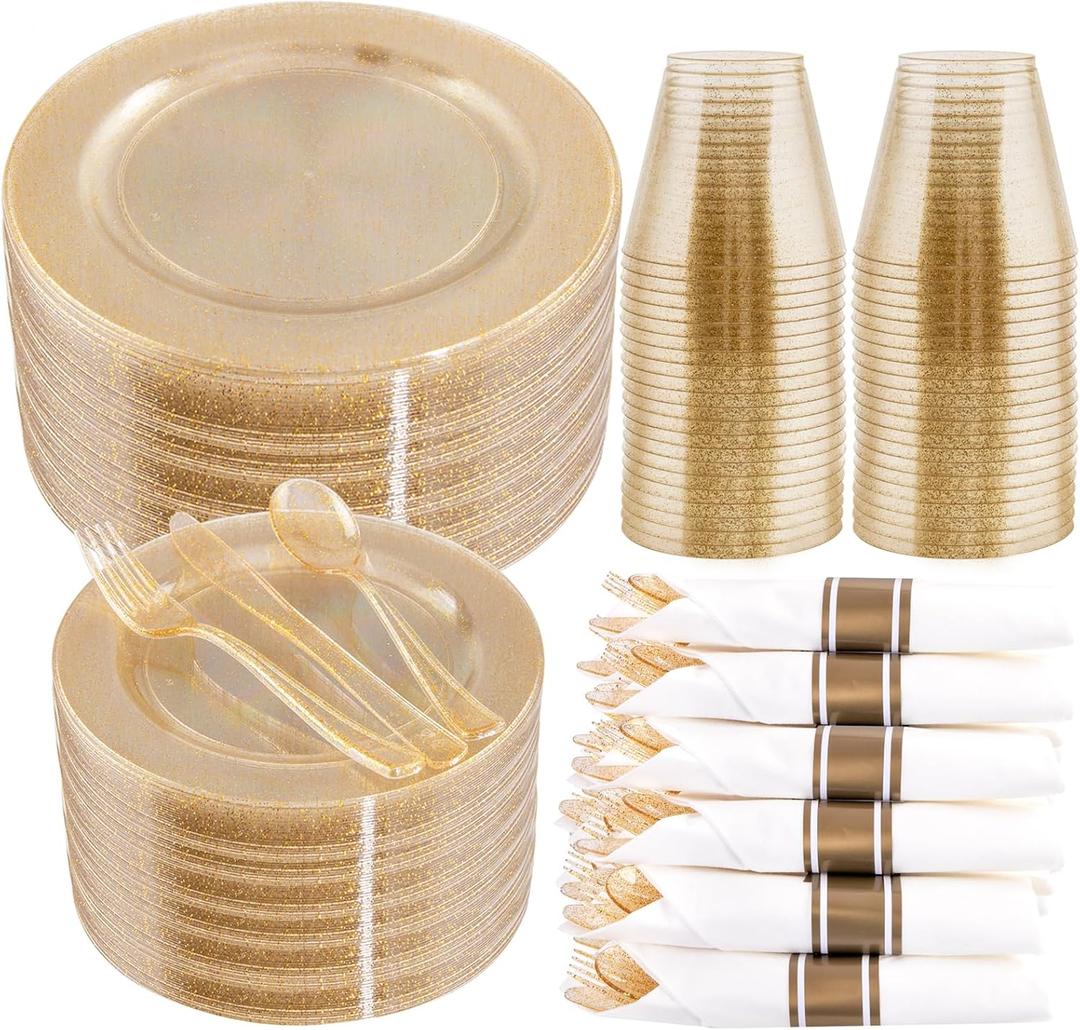 WELLIFE 210Pcs Gold Glitter Dinnerware Set, Gold Glitter Disposable Dinnerware for 30 Guests, Include: 30Dinner Plates, 30Dessert Plates, 90Gold Glitter Silverware, 30 Cups, 30 Paper Napkins