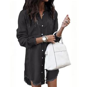 Zilcremo Women Denim Shirt Dresses Long Sleeve Distressed Jean Dress Button Down Casual Tunic Top Black S