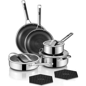 Pots and Pans Set Hybrid Stainless Steel, 10PC Nonstick Tri-Ply Cookware Set w/Frying pan, Dishwasher & Oven Safe, PFOA-Free, Metal Utensil Safe, Suitable for All Cooktops