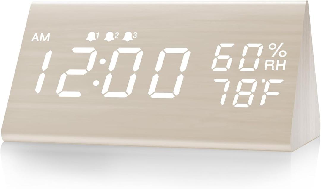 JALL Digital Alarm Clock, with Wooden Electronic LED Time Display, 3 Alarm Settings, Humidity & Temperature Detect, Wood Made Electric Clocks for Bedroom, Bedside (White)