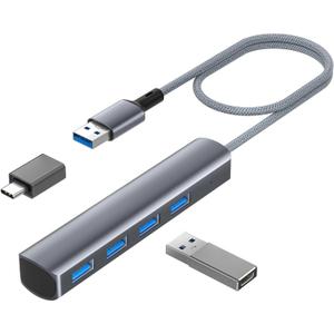 Elebase USB 3.0 Hub for PS5 Pro/Slim,4 Port USB Splitter 1 in 4 Out with 2FT Long Cable,5Gbps High-Speed Extender Hub with OTG & USB Adapter for PlayStation 5,PS4 Console,Disc & Digital