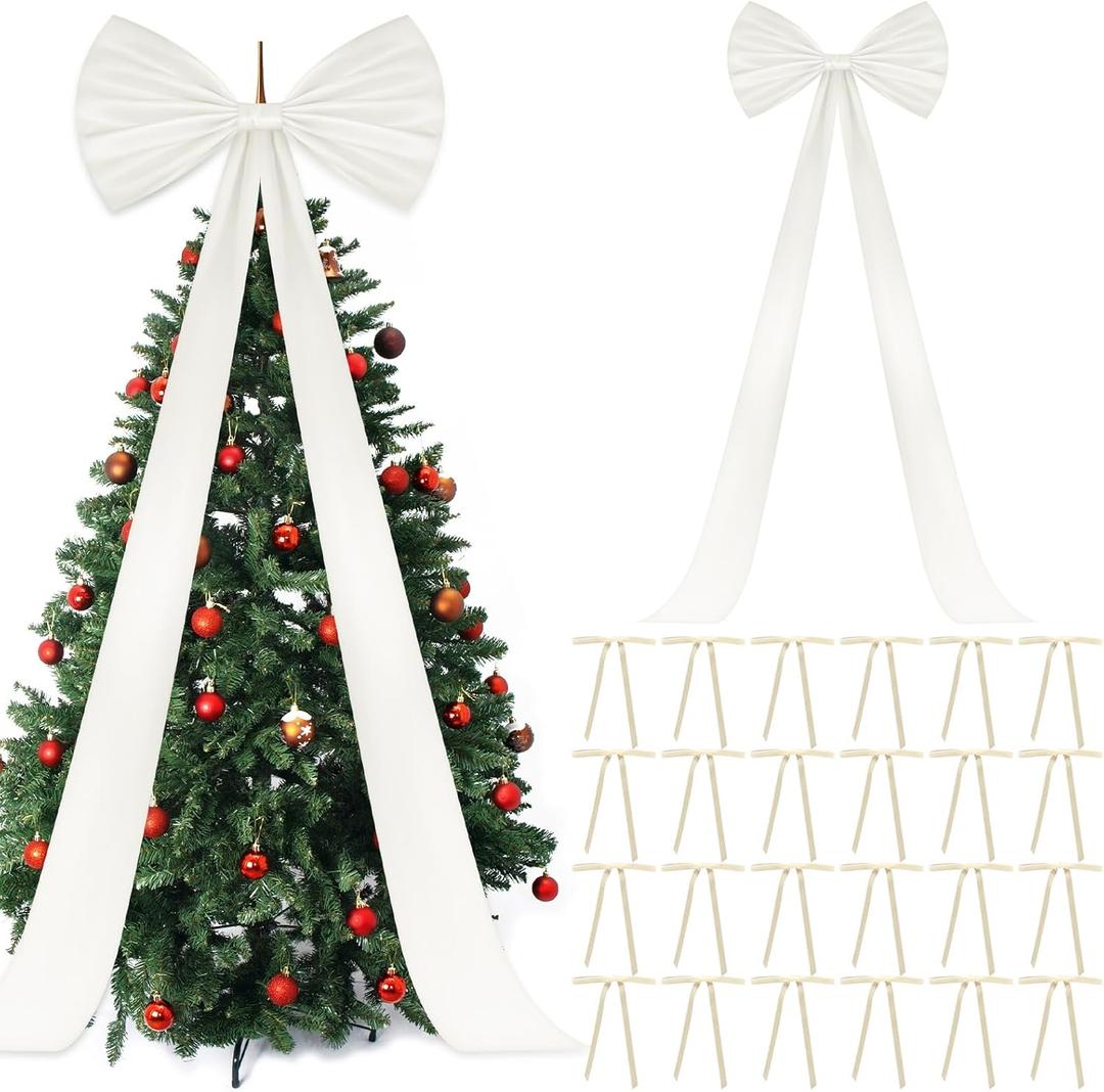 Daifunli 71 x 20 Inch Giant White Bow Christmas Tree Topper with 24 Pcs Velvet Christmas Bow Extra Large Xmas Tree Topper Decor for Holiday and Home Wreath Wall Backdrop Decor (Ivory)
