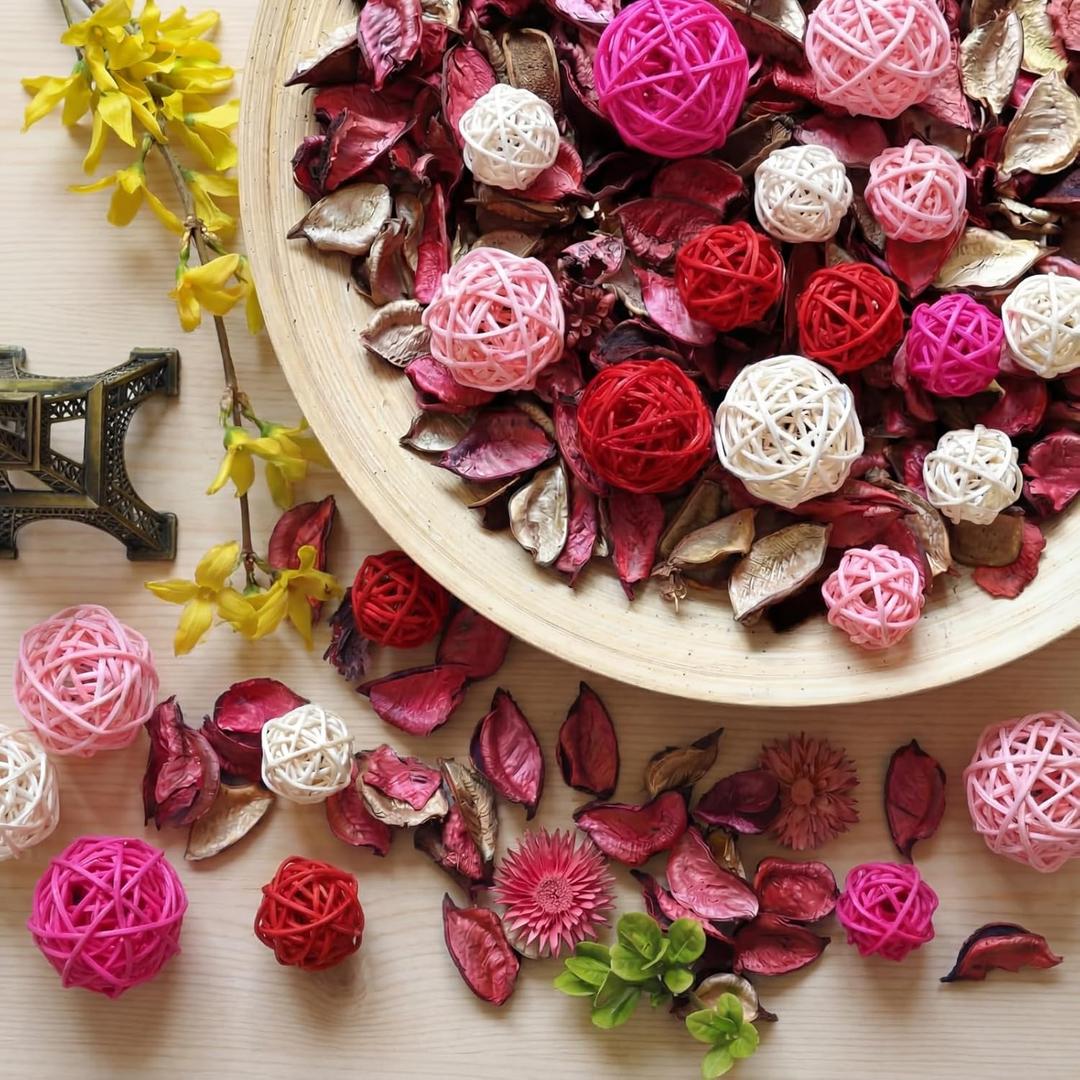 Valentine's Day Vase Bowl Fillers, 24 Pcs Rattan Balls and 2 Packs Rose Dried Flower Potpourri Bags Wicker Balls for Valentines Wedding Party Table Centerpieces Decor(Sphere Shape)