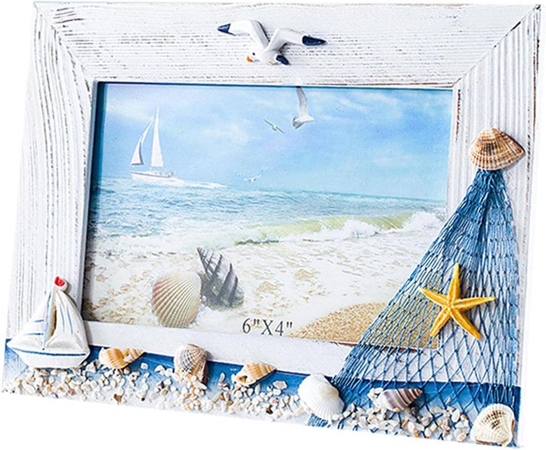 Handmade Picture Frames, 4" x 6"Vintage Mother of Pearl Photo Frame,Unique Natural Style,Chic Mosaic Beach Picture Frame Tabletop or Wall Hanging Display Frame (White, 4x6)