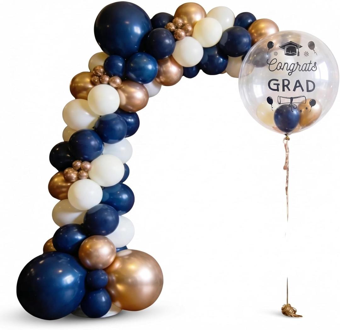 2026 Navy Blue and Gold Graduation Balloon Arch Kit - 103Pcs Congrats Grad Decoration Set with 36" Bubble Balloon, Champagne Gold & White Balloons for 2026 College High School Party