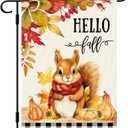 DLZDN Hello Fall Squirrel Garden Flag Autumn Pumpkins Maple Leaves Flag 12×18 Inch Double Sided Buffalo Plaid Farmhouse Yard Flag Thanksgiving Holiday Outdoor Decor