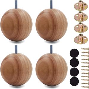 Wood Sofa Replacment Parts Natural Wood 2.7 Inch Funiture Legs Round Ball Shape Big Sofa Bun Feet Cabinet Legs Set of 4 (H: 3.1 inch)