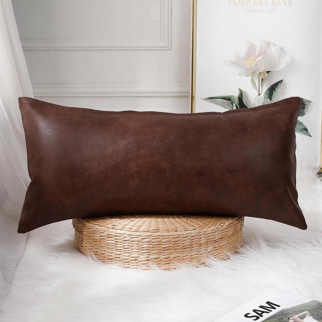 PANOD Decorative Lumbar Throw Pillow Covers 12 x 24,Premium Faux Leather Long Pillow Covers Cushion Case for Farmhouse Sofa Couch Bed Livingroom, Modern Boho, Vegan Dark Brown