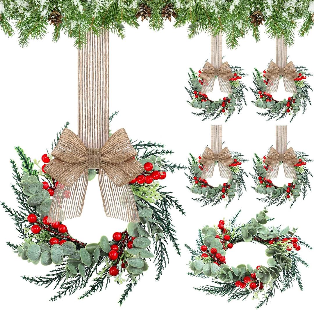 Hotop 6 Set Mini Wreaths for Kitchen Cabinet 12 Inch Small Christmas Wreath with Burlap Ribbon Red Berry and Eucalyptus Leaves for Xmas Window Front Door Fireplace Chair Farmhouse Hanging Decor