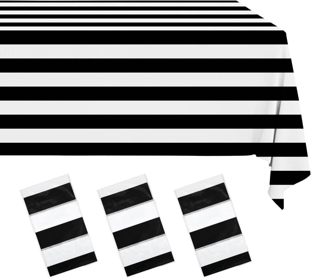 3 Pack Gingham Disposable Tablecloths, 54 x 108 Inch Waterproof Plastic Rectangle Table Covers, Black and White Stripe Tablecloth for Party, Picnic, Birthday