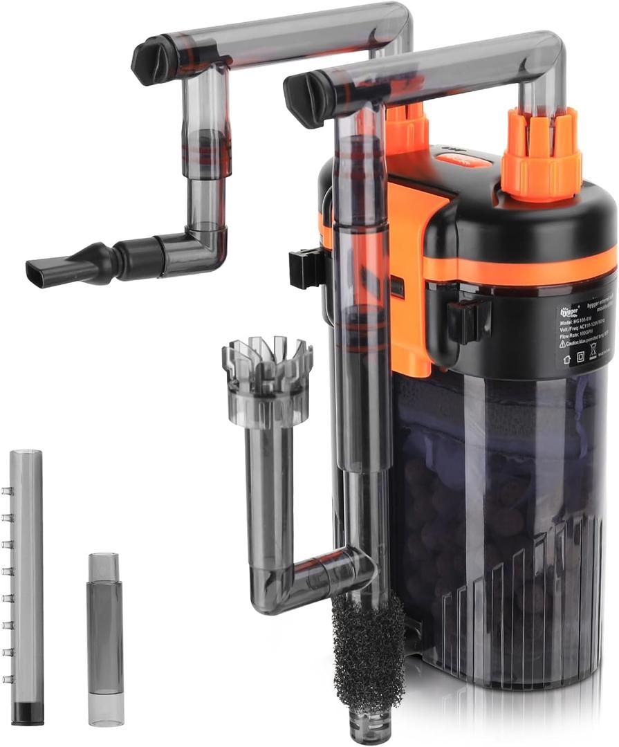 hygger External Hang-On-Back Canister Aquarium Filter,Quiet Fish Tank Filter with 3-Stage Filtration,Anti-Dry Burn Motor,Adjustable Flow,Oil Skimmer,Duckbill Nozzle,Shower Spray Bar (5W,10 gal)