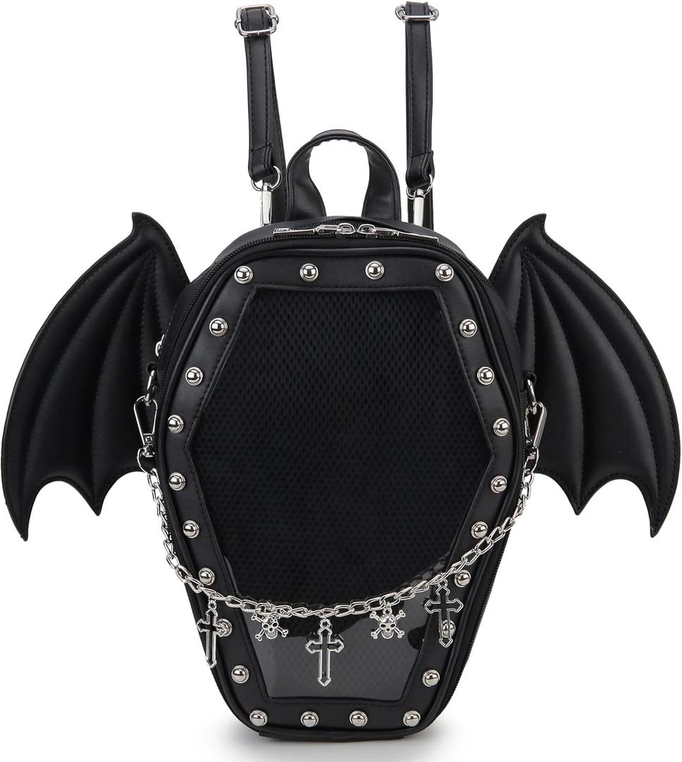 Gothic Coffin Shape Fashion Purses and Handbags for Women Halloween Shoulder Bag Backpack (Black Wings)