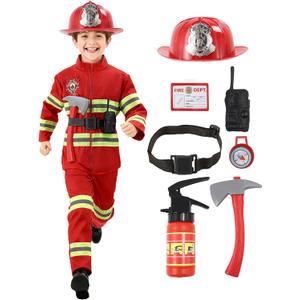 Fireman Costume for Kids with Toys Accessories, Boys Firefighter Birthday Halloween Party Dress Up Role Play (3-4 Y / Small, Red)