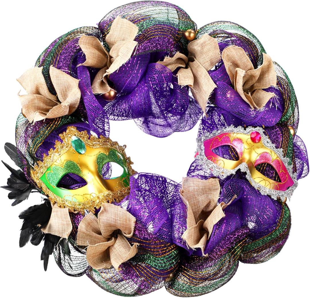 Dingion 20 Inch Mardi Gras Wreath Decoration for Front Door Carnival Purple and Green Glitter Party Decor Venetian Mask Fleur De Lis Wreath Mardi Gras Home Indoor Outdoor Glitter Party Decoration
