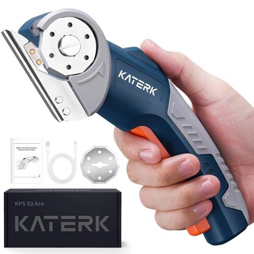 Electric Box Cutter, Katerk Cordless Electric Scissors with Safety Lock & LED Light, Cardboard Cutter, Ambidextrous Use, Rotary Cutter for Fabric, Leather, Plastic, Crafting