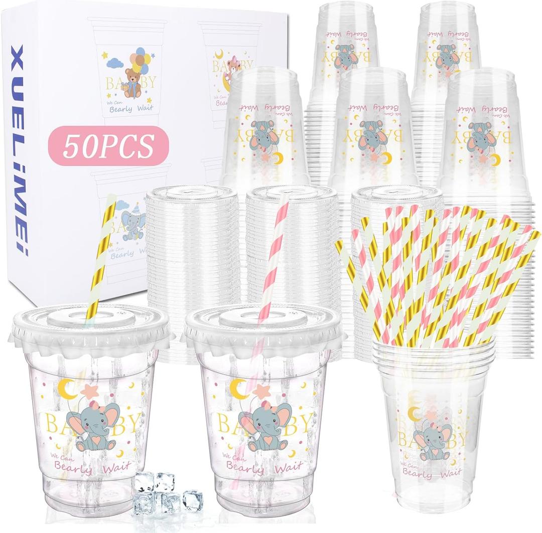 Baby Shower Party 12 oz Disposable Plastic Cup with Lids Elephant Cups Baby Shower Table Decorations Baby Shower Party Disposable Clear Plastic Cups for Party Favors (50, Pink)