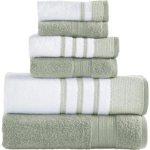 Modern Threads 6 Piece Set, 2 Bath Towels, 2 Hand Towels, 2 Washcloths, Quick Dry White/Contrast Reinhart Sage