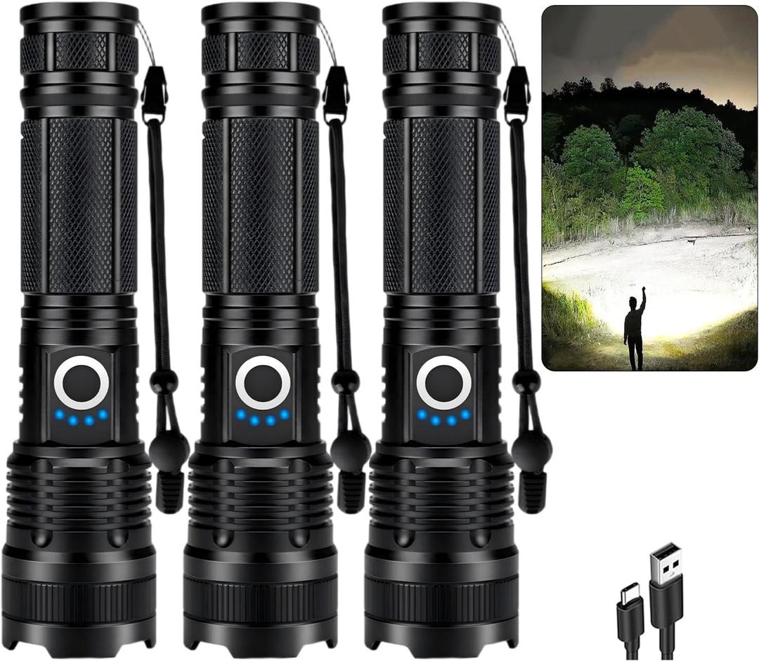 3 Pack Rechargeable Flashlight High Lumens, 99,000 Lumens Super Bright LED Flashlights with Adjustable Focus, 5 Modes, IPX7 Waterproof Powerful Flashlight for Camping, Hiking, Home