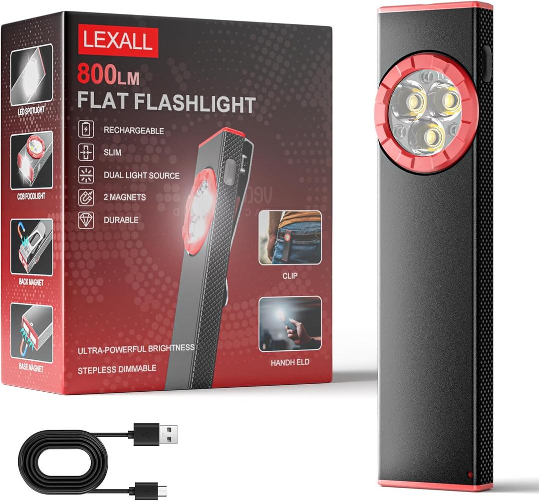 lexall Pocket Flashlight, 800Lumen Rechargeable EDC Flat Flashlight, Magnetic LED Flashlight with Clip, Dimmable Three-Eyed Mini Area Light for Car Repairs/Inspection/Travel/Hiking/Emergency/Camping (slim, RUBY RED)