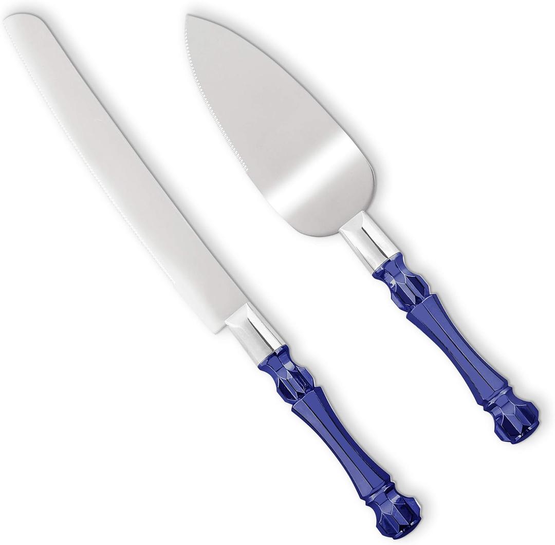 Cake Knife and Server Set, Cake Cutter and Pie Spatula, Cake Server and Knife Set with Acrylic Crystal Handles, Cake Cutting Set for Wedding Cake 1.2mm Thick Blades, Birthdays, and Parties (Blue)