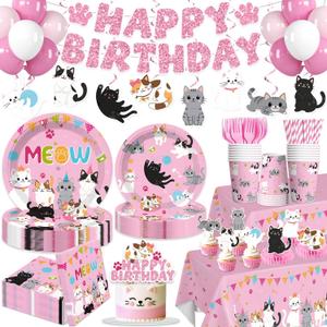 213pcs Cat Birthday Decorations, Complete Paper Tableware Set Includes 350gsm Plates 24 Cupcake Toppers and 2 Waterproof Tablecloths, Cat Themed Birthday Party Decorations for 25 People