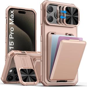 SSLOTSCASE for iPhone 15 Pro Max Case with Wallet & Sliding Lens Cover & Kickstand & Credit Card Holder & Camera Stand, Military-Grade Protection Phone Case Cover for iPhone 15 Pro Max 2023, Rose Gold