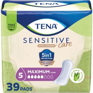 TENA Sensitive Care Maximum Absorbency Incontinence Pads for Women, Bladder Control Pad, Long Length, 39 Count (Packaging May Vary)