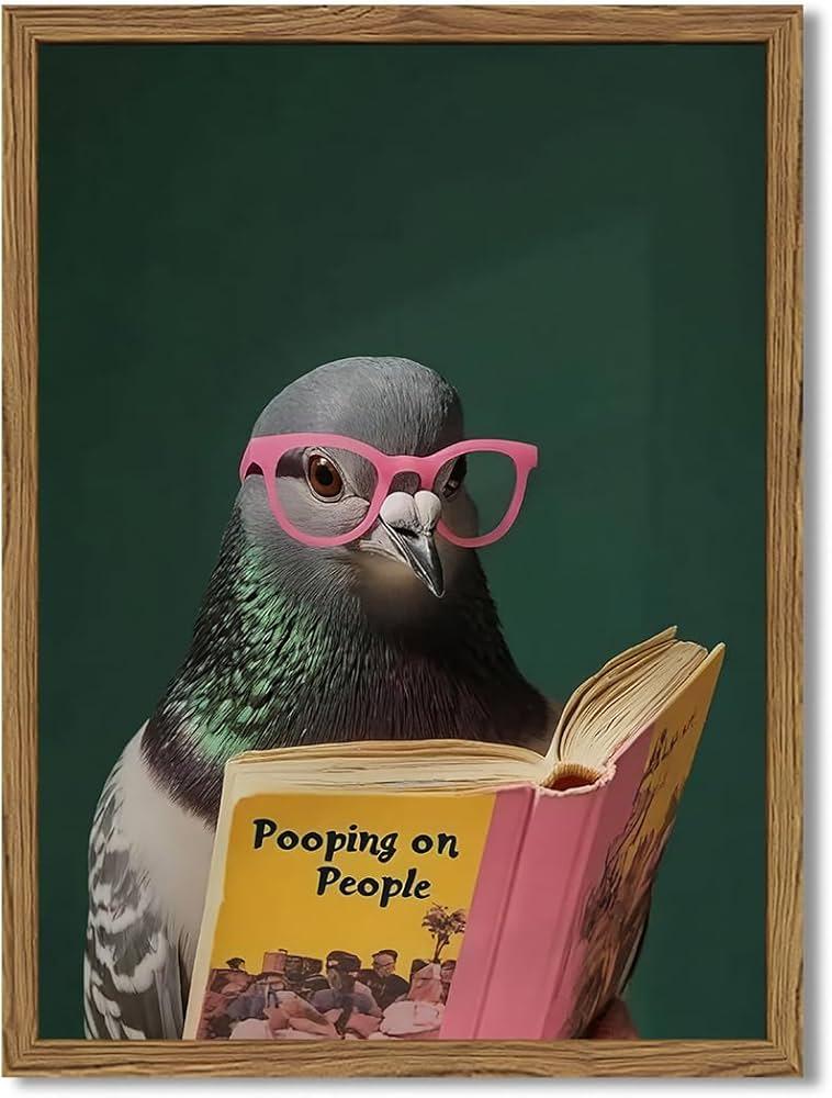 Funny Bathroom Wall Art Cheeky Pigeon Reading Pooping on People Poster Trendy Humorous Bathroom Sign Prints Humor Quirky Green Wall Decor for Dorm Toile 12x16in Unframed