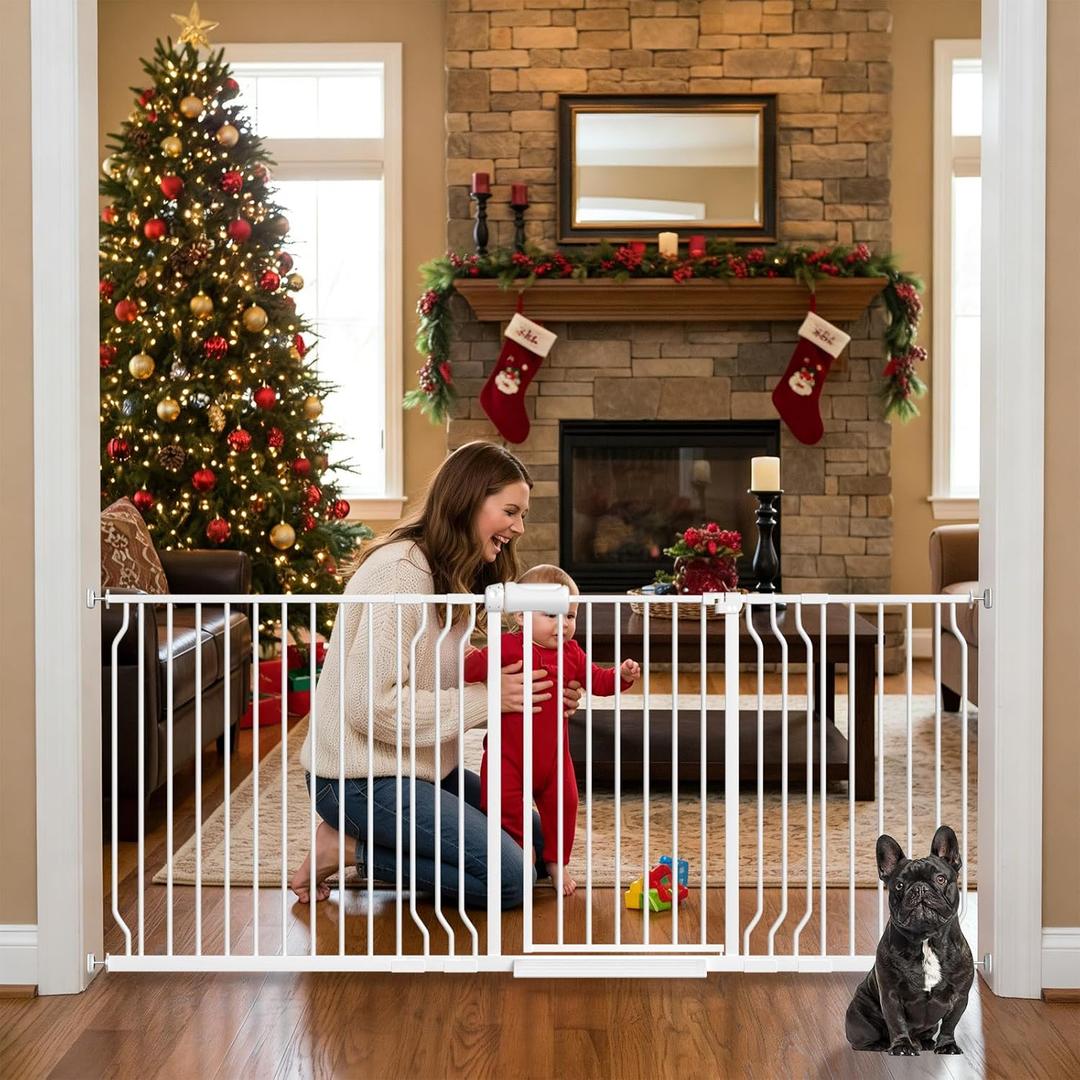 Extra Wide Baby Gates for Doorways 71.65"-85.82" Extra Wide Baby Gate Dog gate Pressure Mounted No Drilling with Walk-Through, Auto-Close & Dual-Direction Swing for Large Wide Opening White