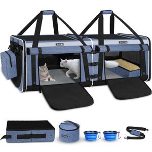 Petskd Double Extra Large Cat Carrier with Litter Box and Privacy Curtain, 48"x17"x17" Soft Cat Car Travel Carrier with Locking Zippers for Multiple Cats Long Distance Trip(Blue)
