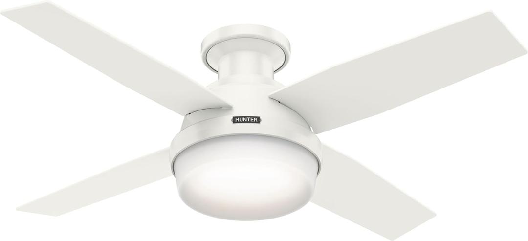 Hunter 44 inch Indoor Ceiling Fan with LED Light and Remote Control - White Modern Ceiling Fan, Low Profile Mount, 4 Blades, For Bedroom, Living Room, or Kitchen, Quiet - Dempsey 59244, Fresh White