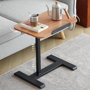 Solid Wood C-Shaped Side Table,360 Rotating TV Tray Table,Height-Adjustable,Sliding Sofa Table,Rolling Laptop Desk for Living Room and Bedroom Use with Sofa,Bed,Chair-Pale Walnut, standard large items