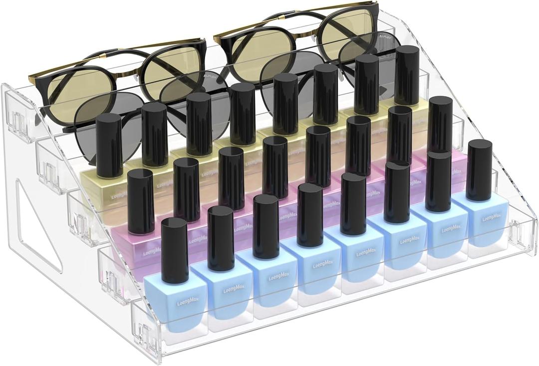 5 Tier Nail Polish Organizer Holder | Multi-Purpose Storage Rack for Eyeshadow Palettes, Sunglasses, Eyeglasses & Essential Oils - Clear Acrylic Vanity Countertop Display Stand Holds 50+ Bottles