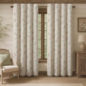 Boho Floral 100% Blackout Curtains 90 Inch Length 2 Panels Set, Linen Texture Farmhouse Curtains Beige Tassel for Living Room Bedroom Vintage Rustic Patterned Printed Western Rod Pocket
