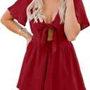Aoysky Womens Summer Short Rompers Sexy Cute Loose Tie Front Jumpsuit Casual V Neck Wide Leg Beach Overalls (Red)