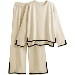 Tanming Women's 2 Piece Outfits Long Sleeve Knit Sweater Top Wide Leg Pants Lounge Sets Tracksuits (Apricot, X-Small)