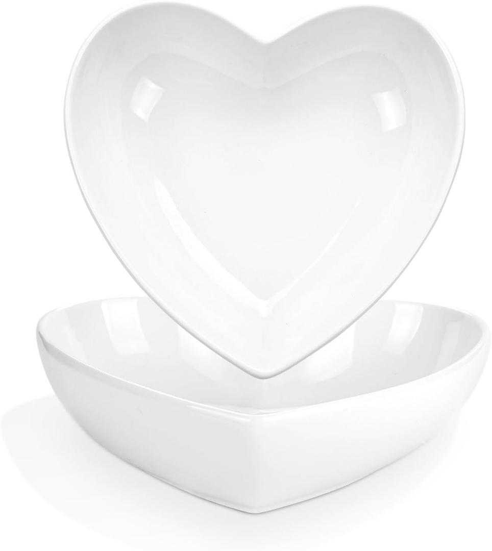 WHJY Set of 2 Porcelain Heart Shaped Bowls, 7 inches White Ceramic Dish Set for Valentines Day, Salad, Fruit, Cereal and Appetizer