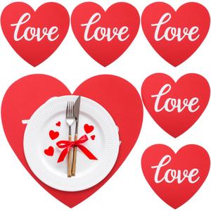 Remerry Leather Heart Placemats Set of 6 Red Heart Shaped Place Mats Waterproof Washable Table Kitchen Mats for Kitchen Dining Decor(Love,Red,14 x 13'')