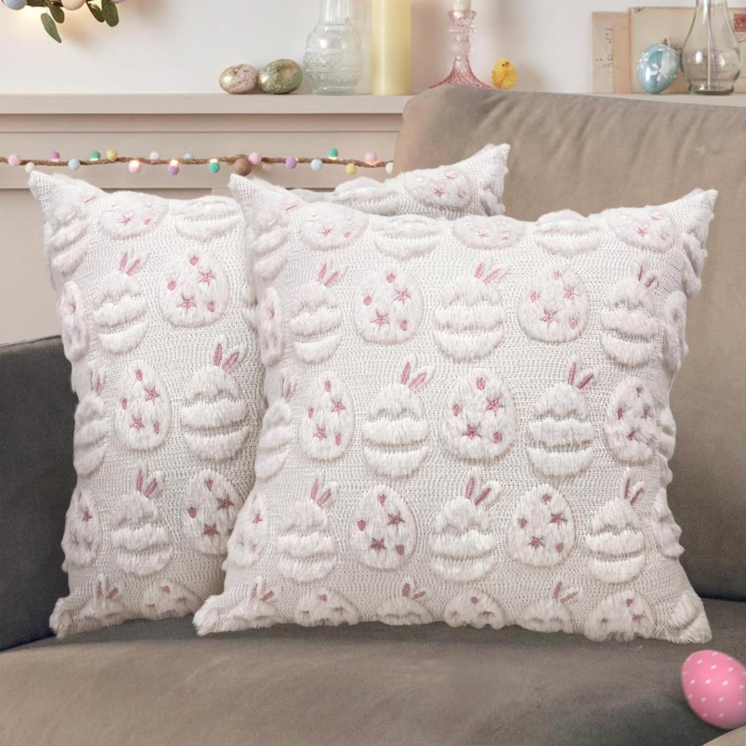 Easter Pillow Covers 18x18 inch Set of 2 Easter Egg Decorations Pink Ears White Eggs Throw Pillow Cases Soft Plush Faux Fur Wool Pillow Covers Holiday Decor for Sofa Living Room