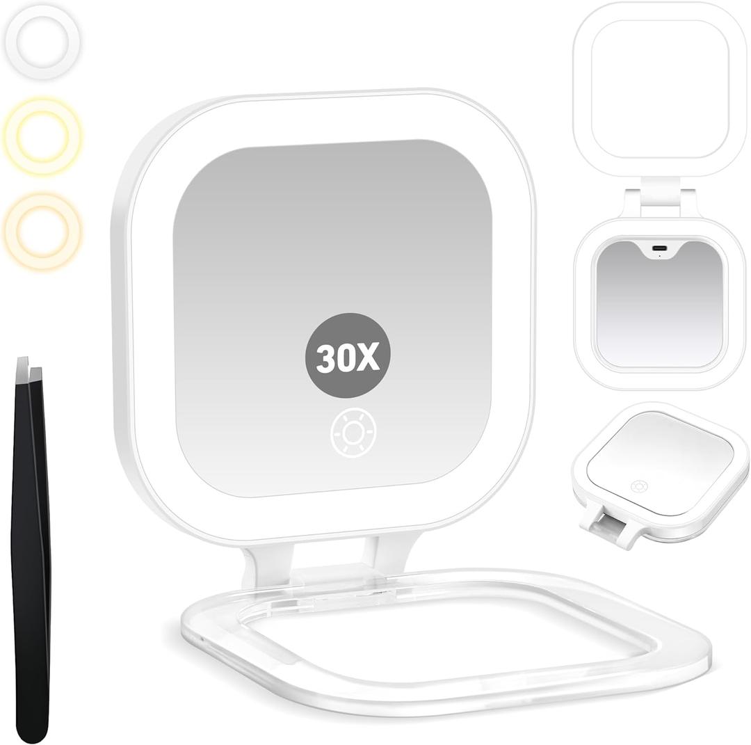 Travel Mirror with Light, 1x/30x Magnifying Mirror with 3 Color Lights and Adjustable Brightness, 4.5x3.9 inch Small Compact Hangable Hand Pocket 3 Way Mirrors, Comes with Tweezer (White)